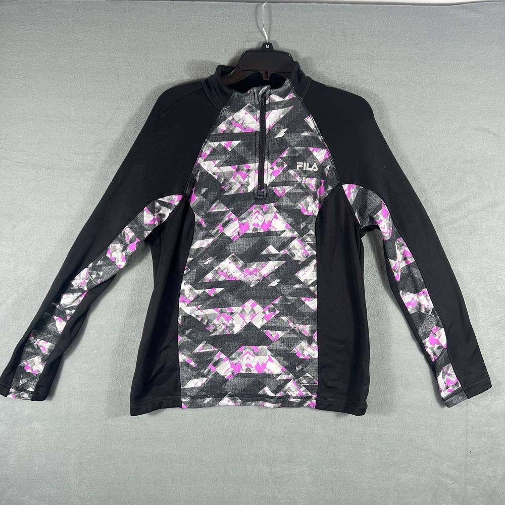 FILA SPORT Women's Size L Black Purple Geometric 1/4 Zip Activewear Top Pullover